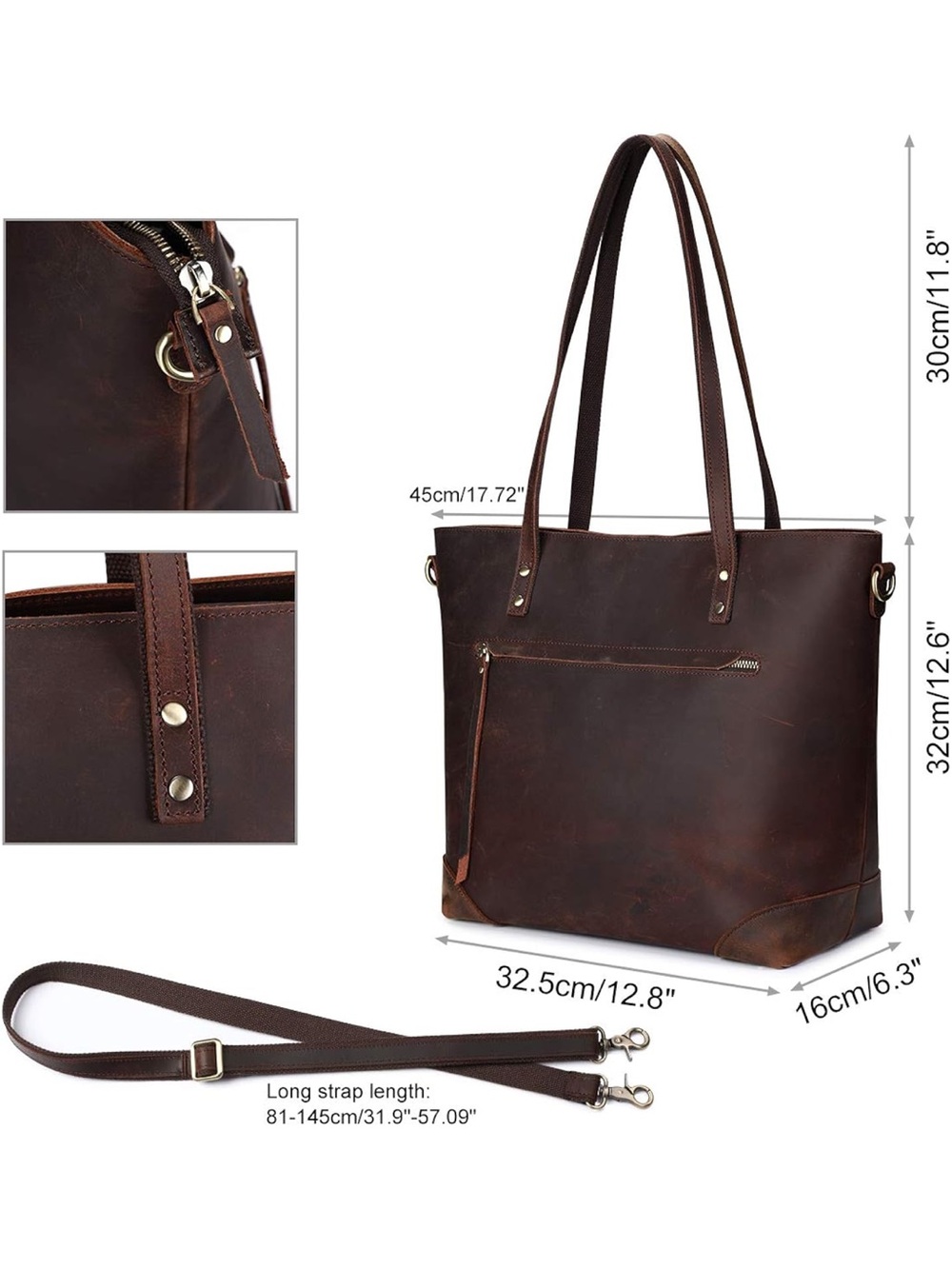 S-ZONE Dark Brown Vintage Genuine Leather Shoulder Bag Large Work Tote - Picture 9 of 13